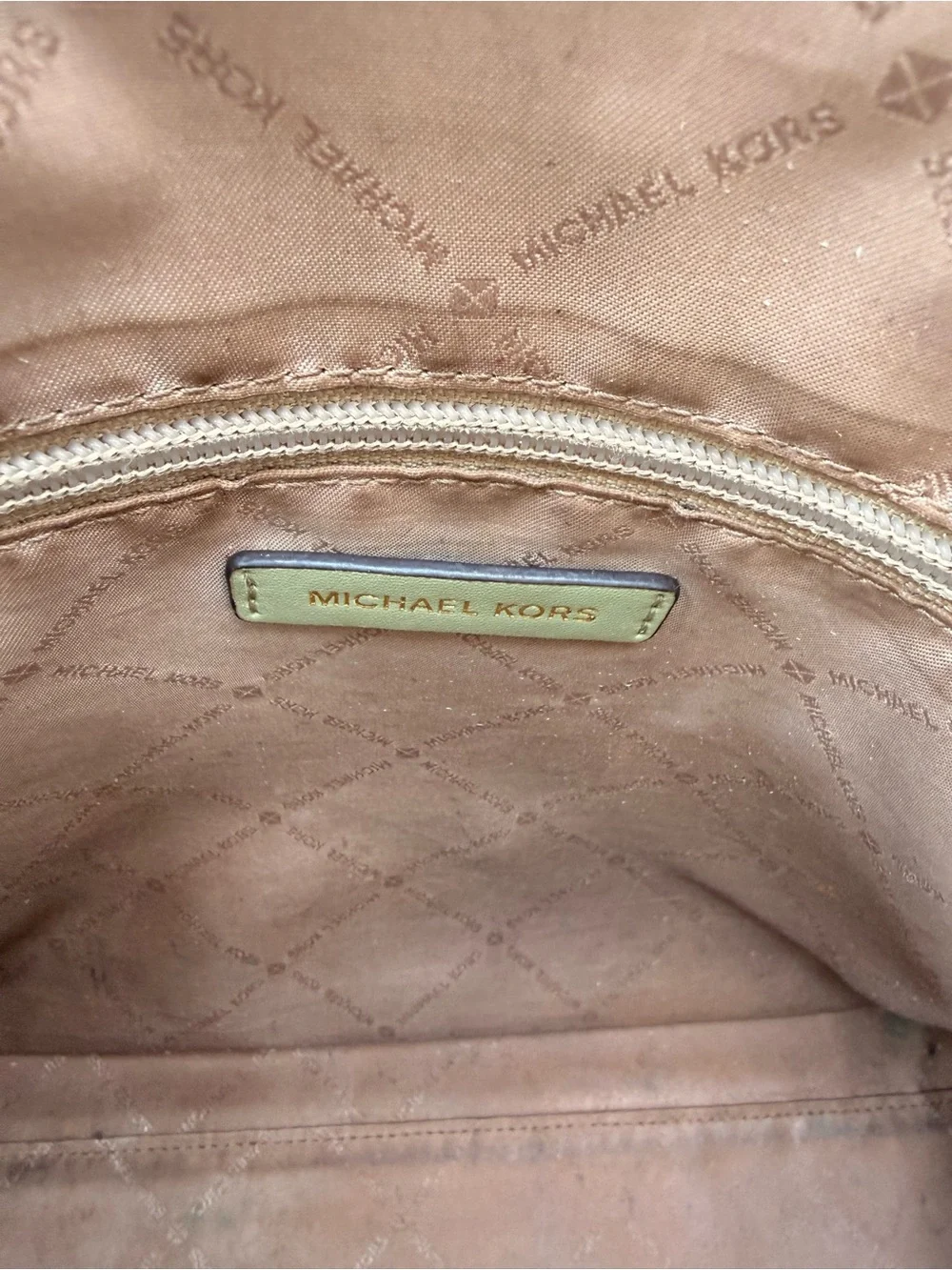 Michael Kors Brown Logo Kenly Tote Bag with Olive Trim and Beige Strap